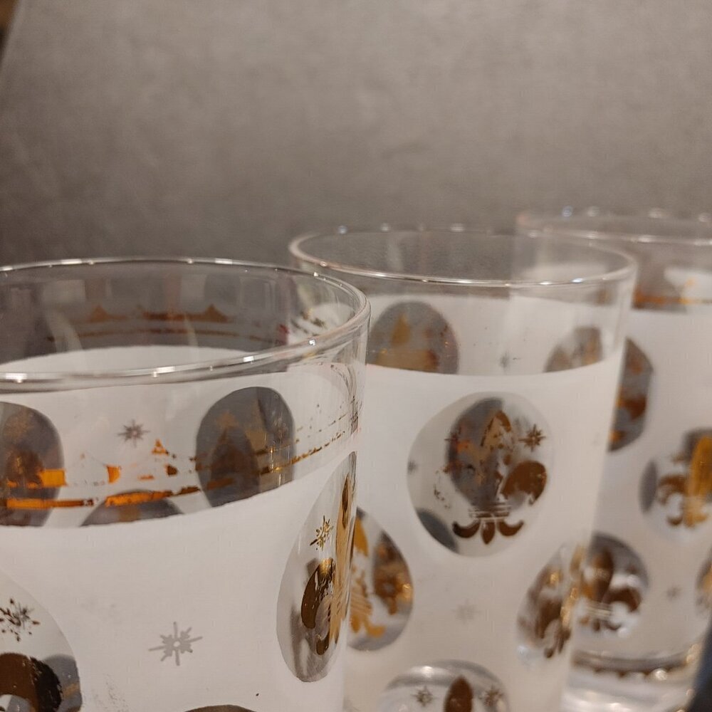 Libbey Highball Glasses Frosted Fleur de Lis Gold Rim 1950s Set of 6 - Picture 5 of 10